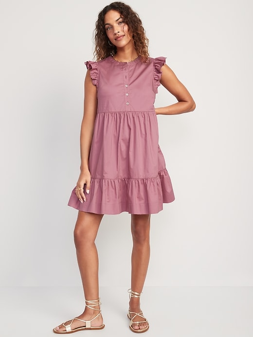Image number 1 showing, Ruffle-Sleeve Cotton-Poplin Mini Shift Dress for Women