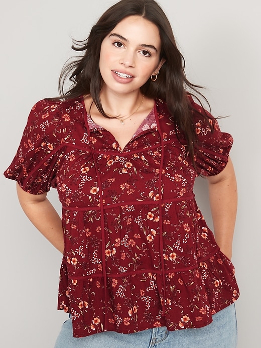 Image number 5 showing, Puff-Sleeve Floral Tiered Swing Blouse for Women
