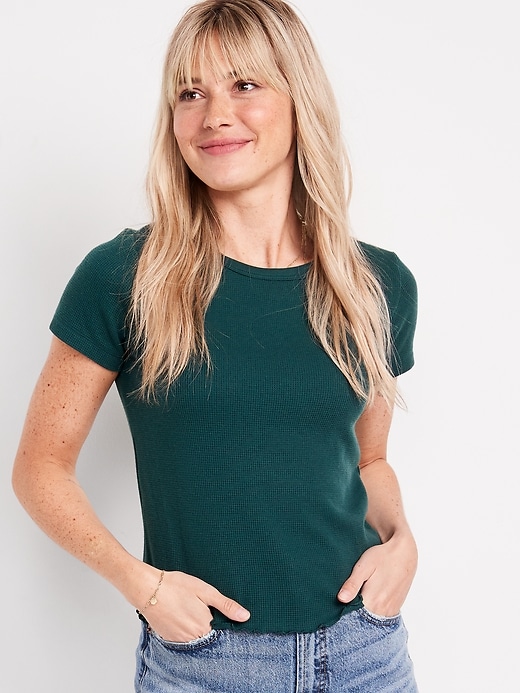 Image number 1 showing, Short-Sleeve Cropped Lettuce-Edge Waffle-Knit T-Shirt for Women