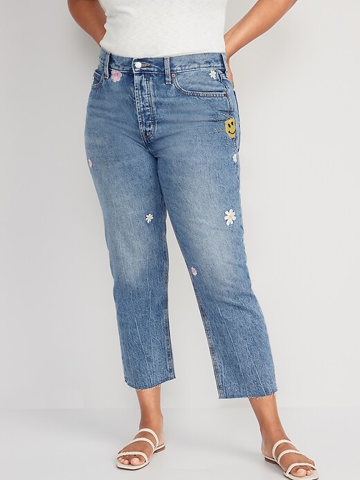 Image number 5 showing, High-Waisted Button-Fly Slouchy Straight Embroidered Non-Stretch Cut-Off Jeans for Women