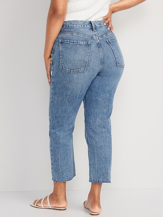 Image number 6 showing, High-Waisted Button-Fly Slouchy Straight Embroidered Non-Stretch Cut-Off Jeans for Women