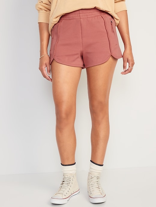 Image number 1 showing, High-Waisted Dynamic Fleece  Dolphin-Hem Sweat Shorts for Women -- 3-inch inseam
