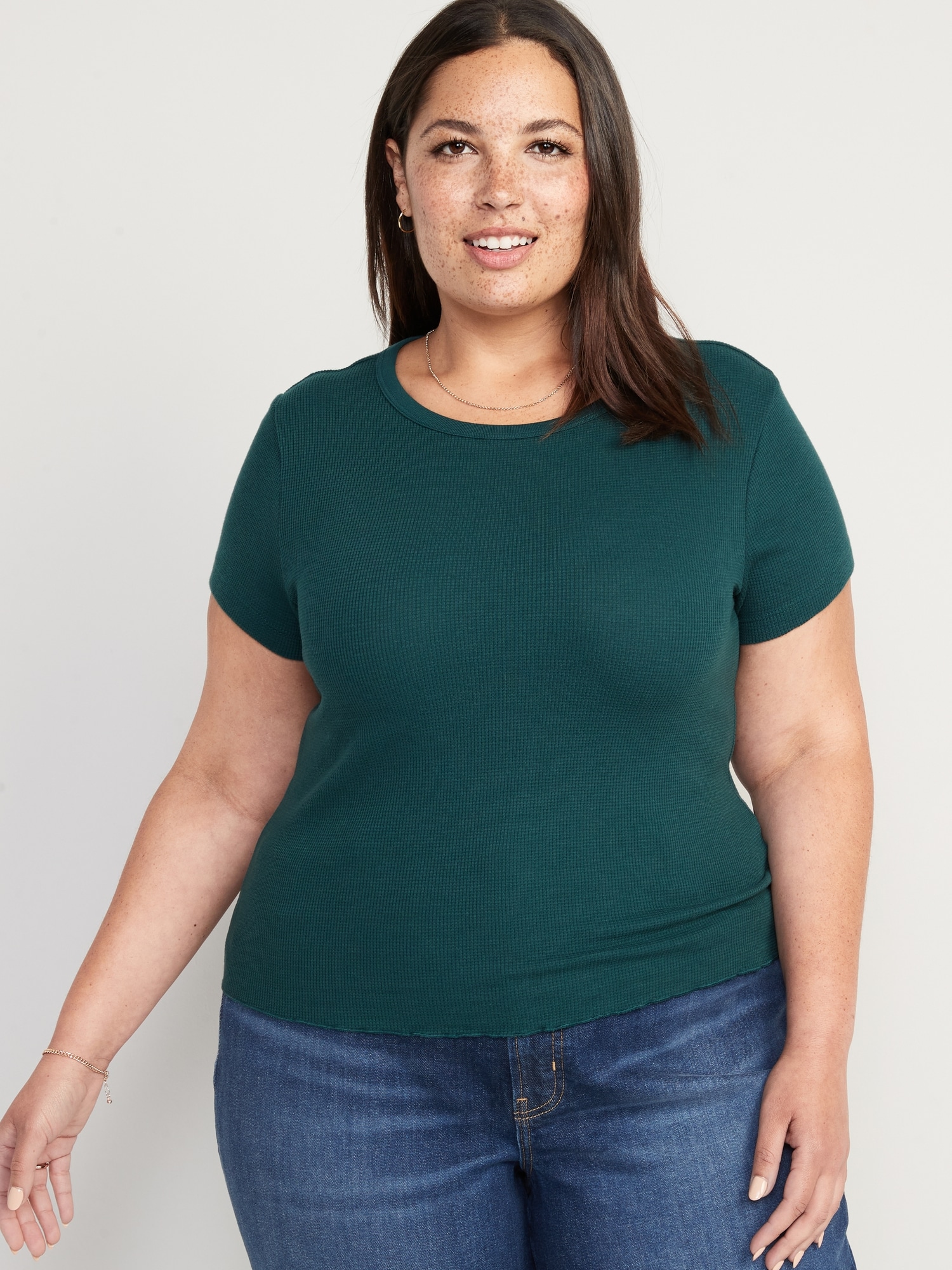 Short-Sleeve Cropped Lettuce-Edge Waffle-Knit T-Shirt | Old Navy