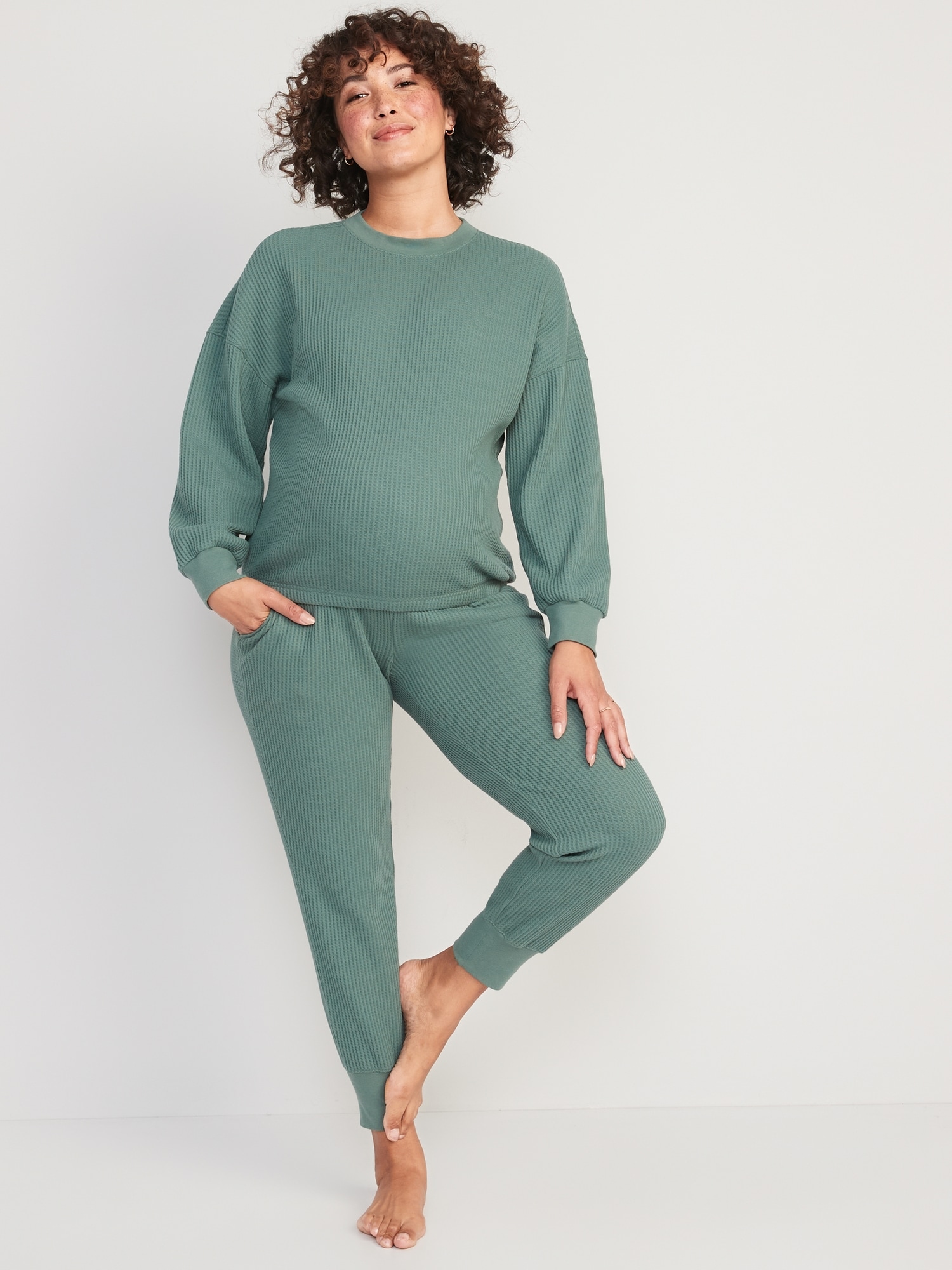 Maternity Thermal-Knit Rollover-Waist Pajama Set