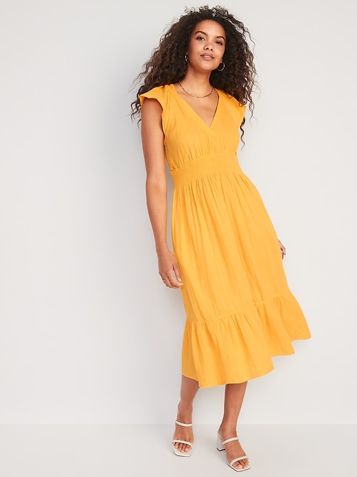 Image number 1 showing, Waist-Defined Flutter-Sleeve Smocked Midi Dress for Women