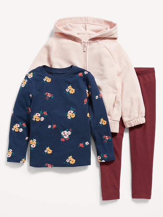 View large product image 1 of 1. Zip Hoodie, Long-Sleeve T-Shirt & Leggings 3-Pack for Toddler Girls
