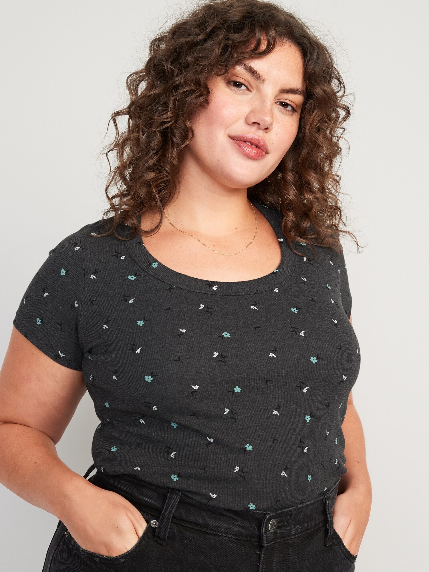 Fitted RibKnit Floral ScoopNeck TShirt for Women Old Navy