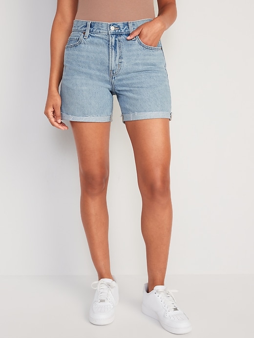 Image number 1 showing, High-Waisted Slouchy Straight Non-Stretch Jean Shorts for Women -- 5-inch inseam