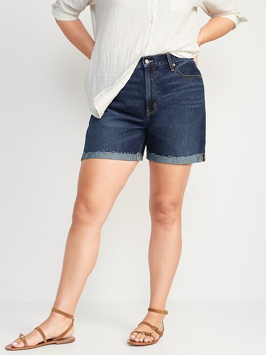 Image number 5 showing, High-Waisted Slouchy Straight Non-Stretch Cut-Off Jean Shorts for Women -- 5-inch inseam