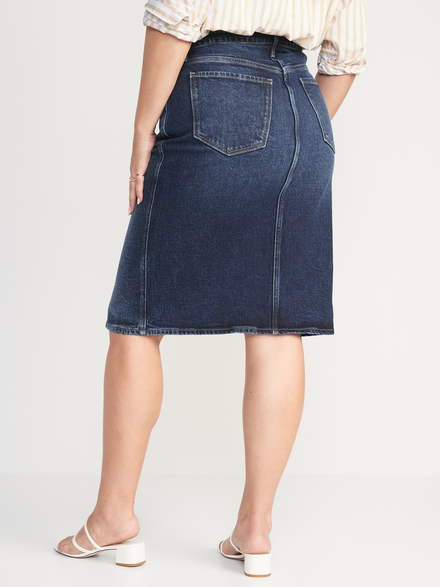Higher High-Waisted Button-Fly Midi Jean Pencil Skirt for Women