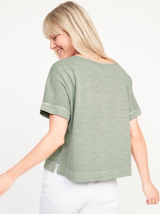Image number 2 showing, Short-Sleeve Cropped Crinkled Slub-Knit Henley T-Shirt for Women