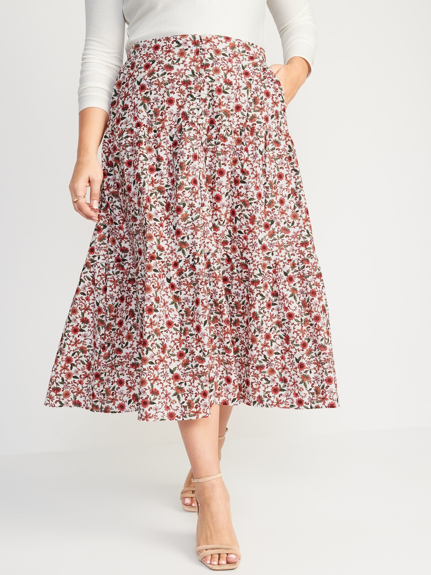 Floral-Print Tiered Button-Front Maxi Skirt | Old Navy