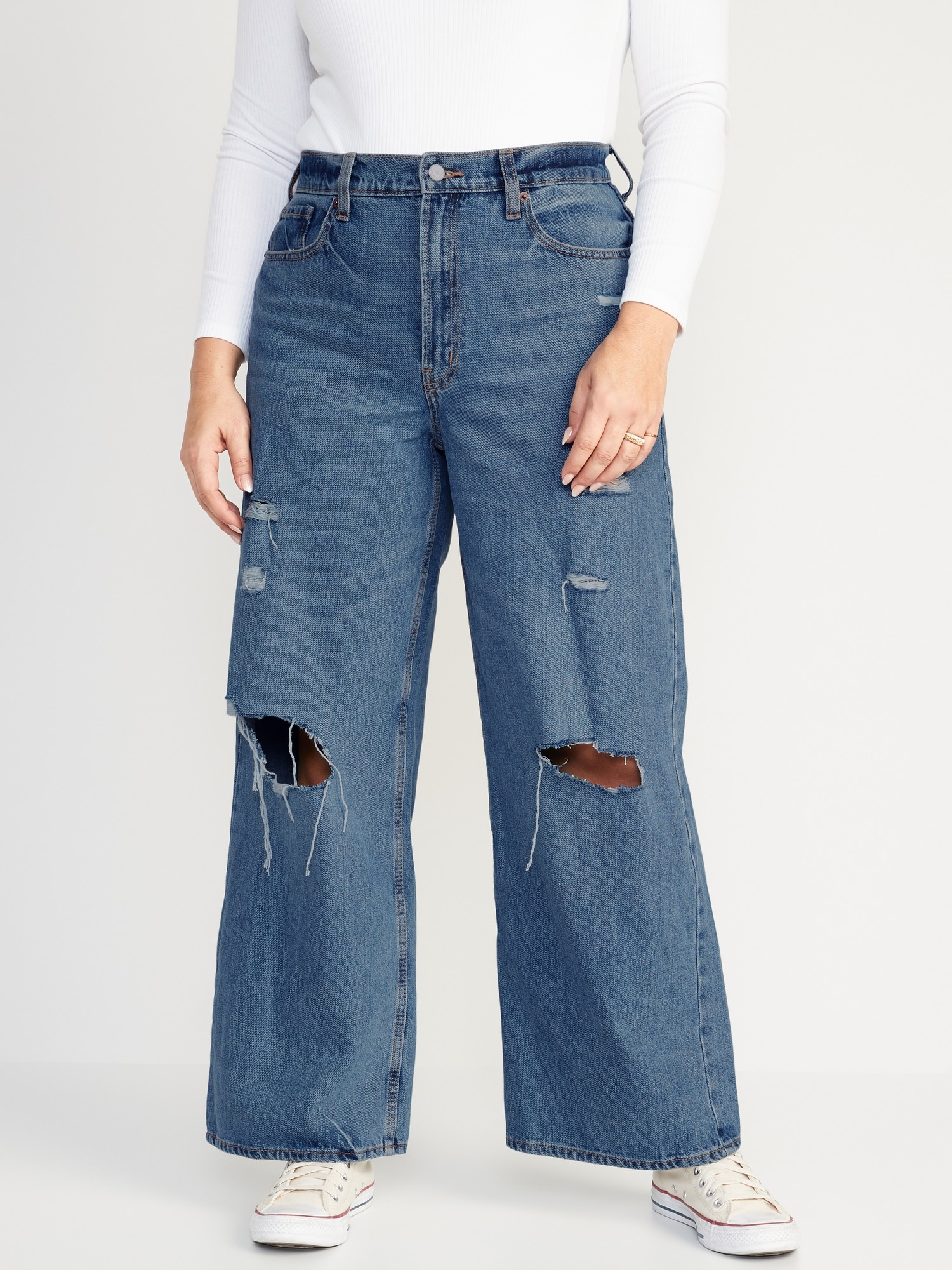 Extra High-Waisted Ripped Baggy Wide-Leg Non-Stretch Jeans for Women ...