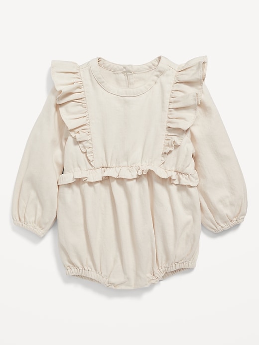 View large product image 1 of 1. Ruffled Long-Sleeve Jean Romper for Baby