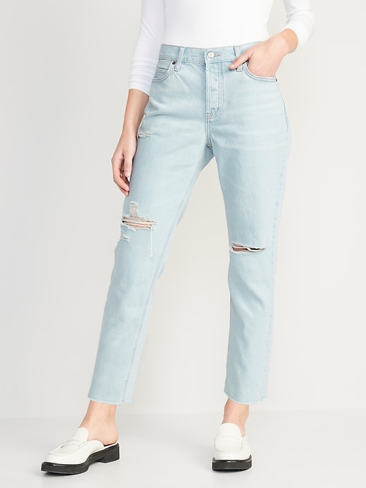Image number 1 showing, High-Waisted Button-Fly Slouchy Straight Ripped Cropped Non-Stretch Jeans