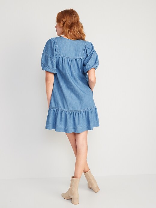 Image number 2 showing, Puff-Sleeve Tie-Neck Chambray All-Day Mini Swing Dress for Women
