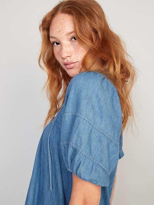 Image number 3 showing, Puff-Sleeve Tie-Neck Chambray All-Day Mini Swing Dress for Women