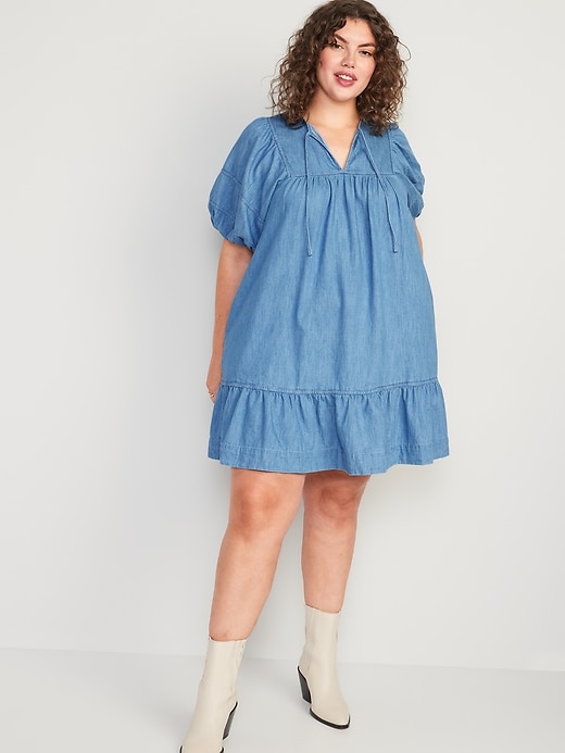 Image number 7 showing, Puff-Sleeve Tie-Neck Chambray All-Day Mini Swing Dress