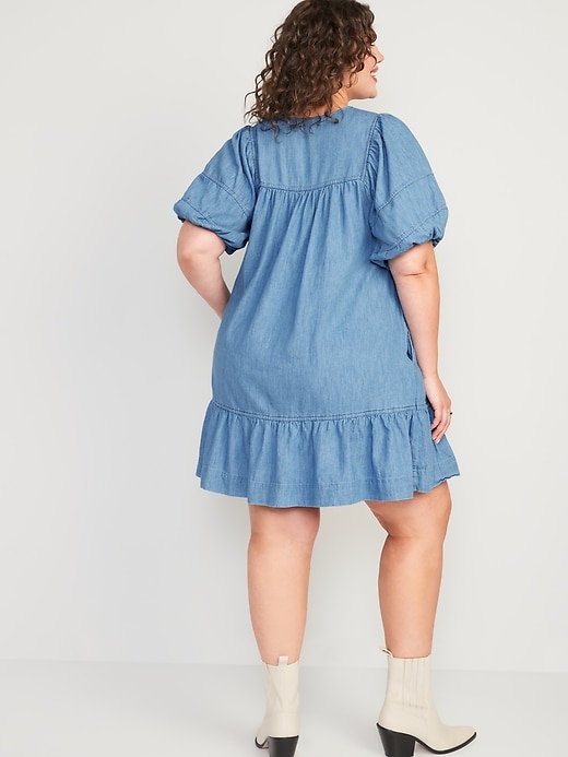 Image number 8 showing, Puff-Sleeve Tie-Neck Chambray All-Day Mini Swing Dress for Women