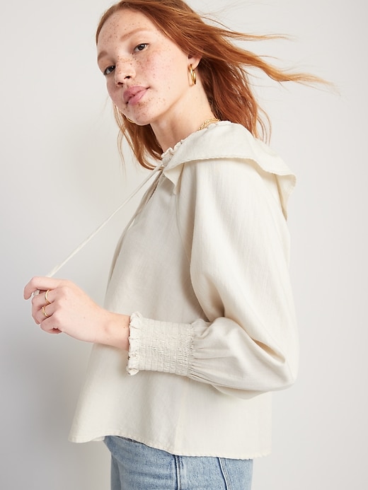 Image number 3 showing, Puff-Sleeve White-Wash Ruffle-Trimmed Smocked Jean Blouse for Women