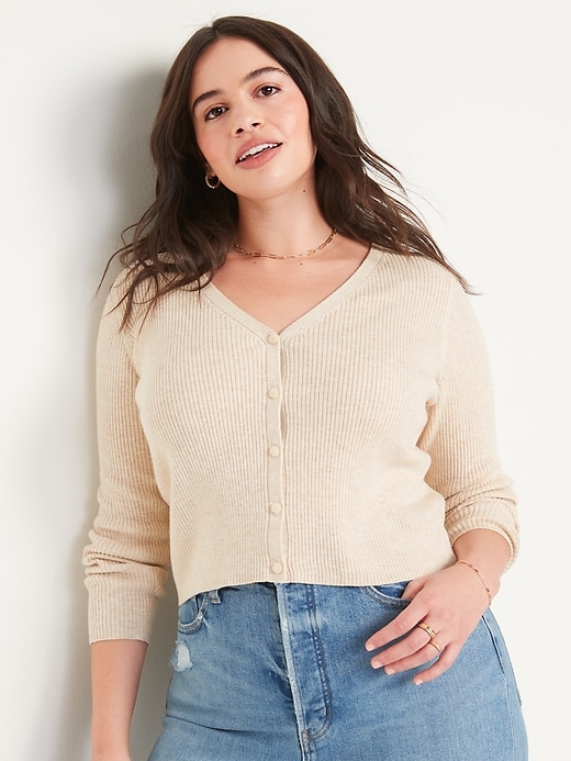 Image number 5 showing, Long-Sleeve Cropped Rib-Knit Cardigan Sweater for Women