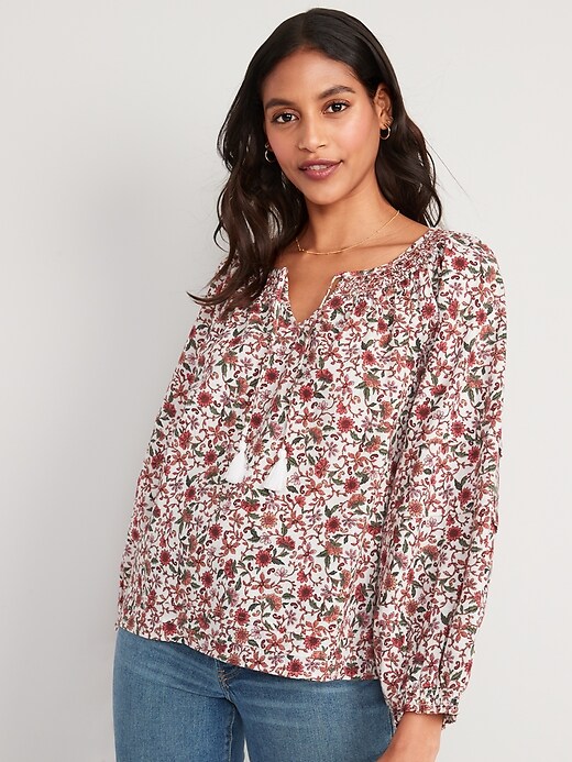 Image number 1 showing, Puff-Sleeve Floral Smocked Poet Swing Blouse for Women