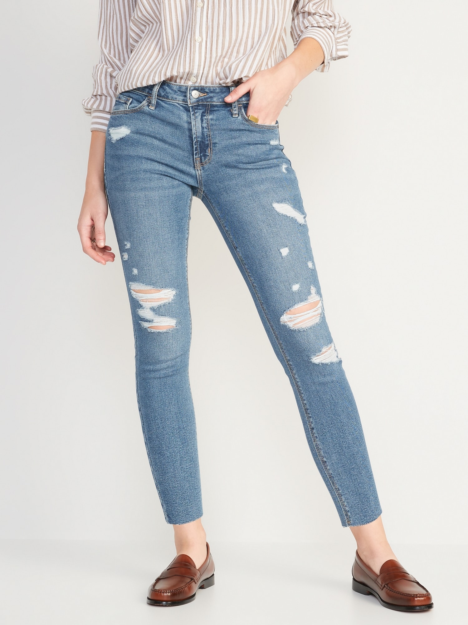 Old Navy Mid-Rise Rockstar Super Skinny Ripped Cut-Off Jeans for Women blue. 1