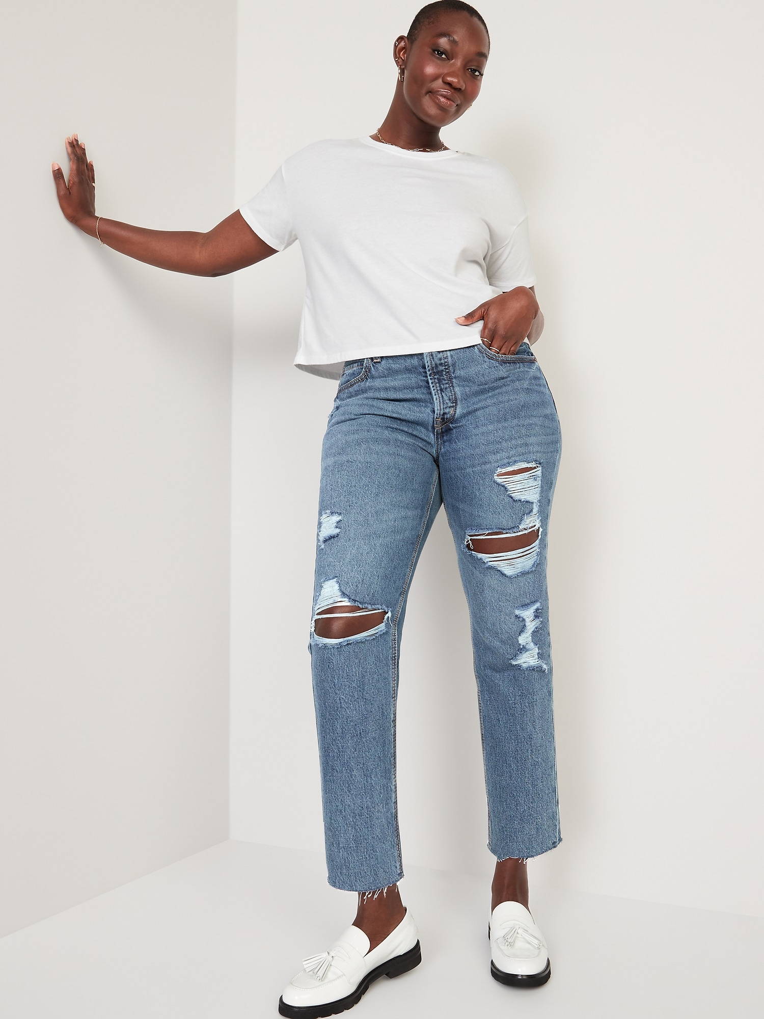 High-Waisted Slouchy Straight Cropped Ripped Jeans for Women | Old