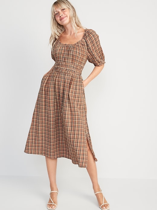 Image number 1 showing, Waist-Defined Puff-Sleeve Plaid Midi Dress for Women