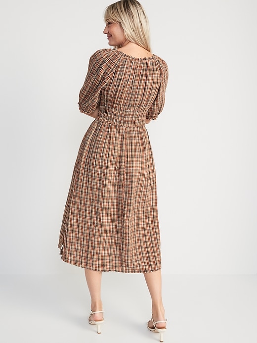 Image number 2 showing, Waist-Defined Puff-Sleeve Plaid Midi Dress for Women