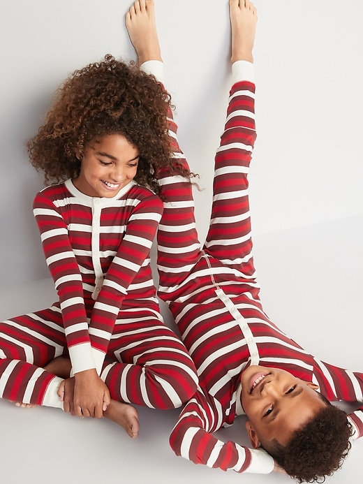 View large product image 1 of 4. Gender-Neutral Matching Stripe Snug-Fit One-Piece Pajamas for Kids