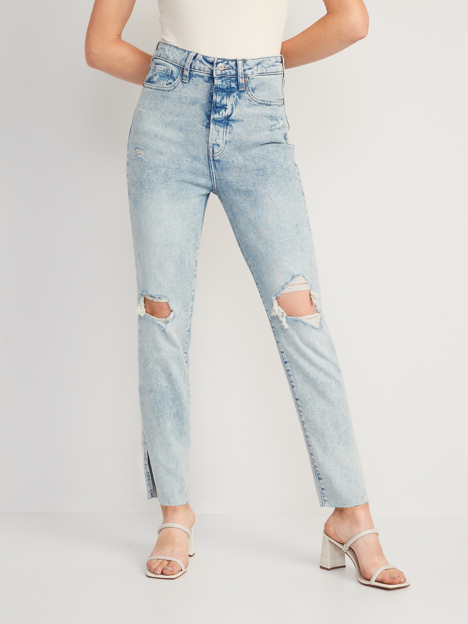 Old Navy Higher High-Waisted Button-Fly OG Straight Ripped Side-Slit Jeans for Women blue. 1