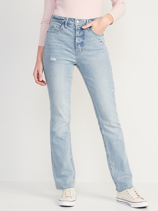 Image number 1 showing, Extra High-Waisted Button-Fly Kicker Boot-Cut Cut-Off Jeans for Women