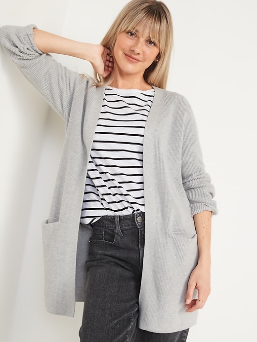 Image number 1 showing, Textured Shaker-Stitch Long-Line Open-Front Sweater for Women