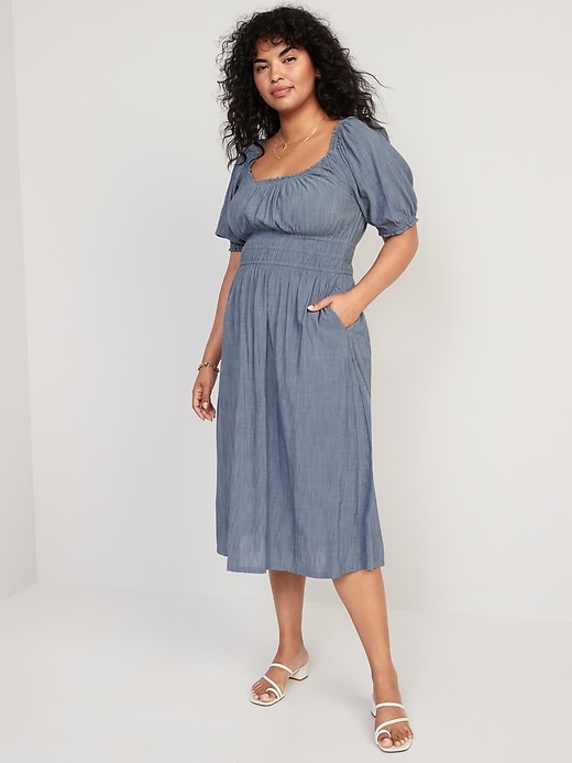 Image number 5 showing, Waist-Defined Puff-Sleeve Smocked Midi Dress for Women