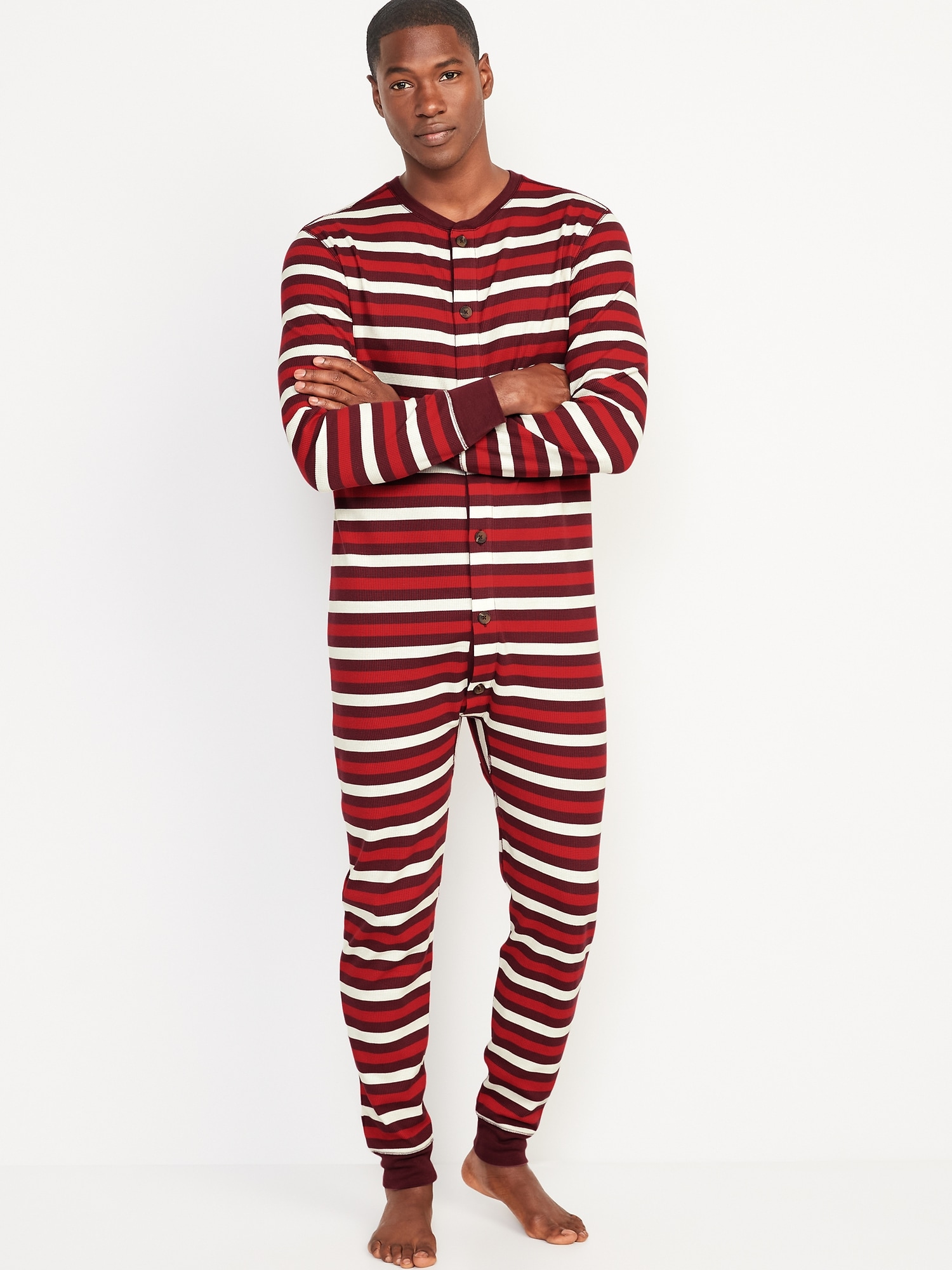Old Navy Thermal-Knit Matching Print One-Piece Pajamas for Men red. 1