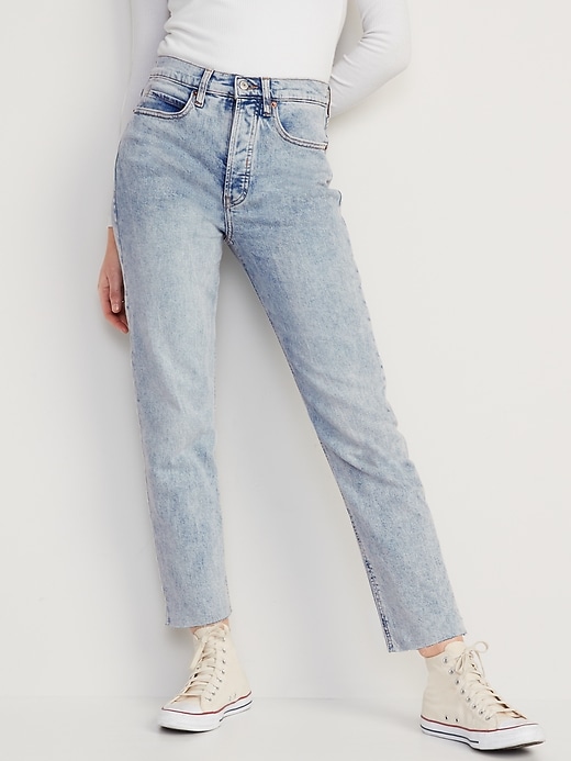Image number 1 showing, Extra High-Waisted Button-Fly Sky-Hi Straight Raw-Hem Jeans for Women