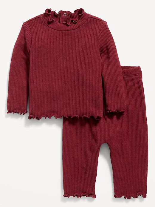 Plush-Knit Lettuce-Edge Top and Pants Set for Baby