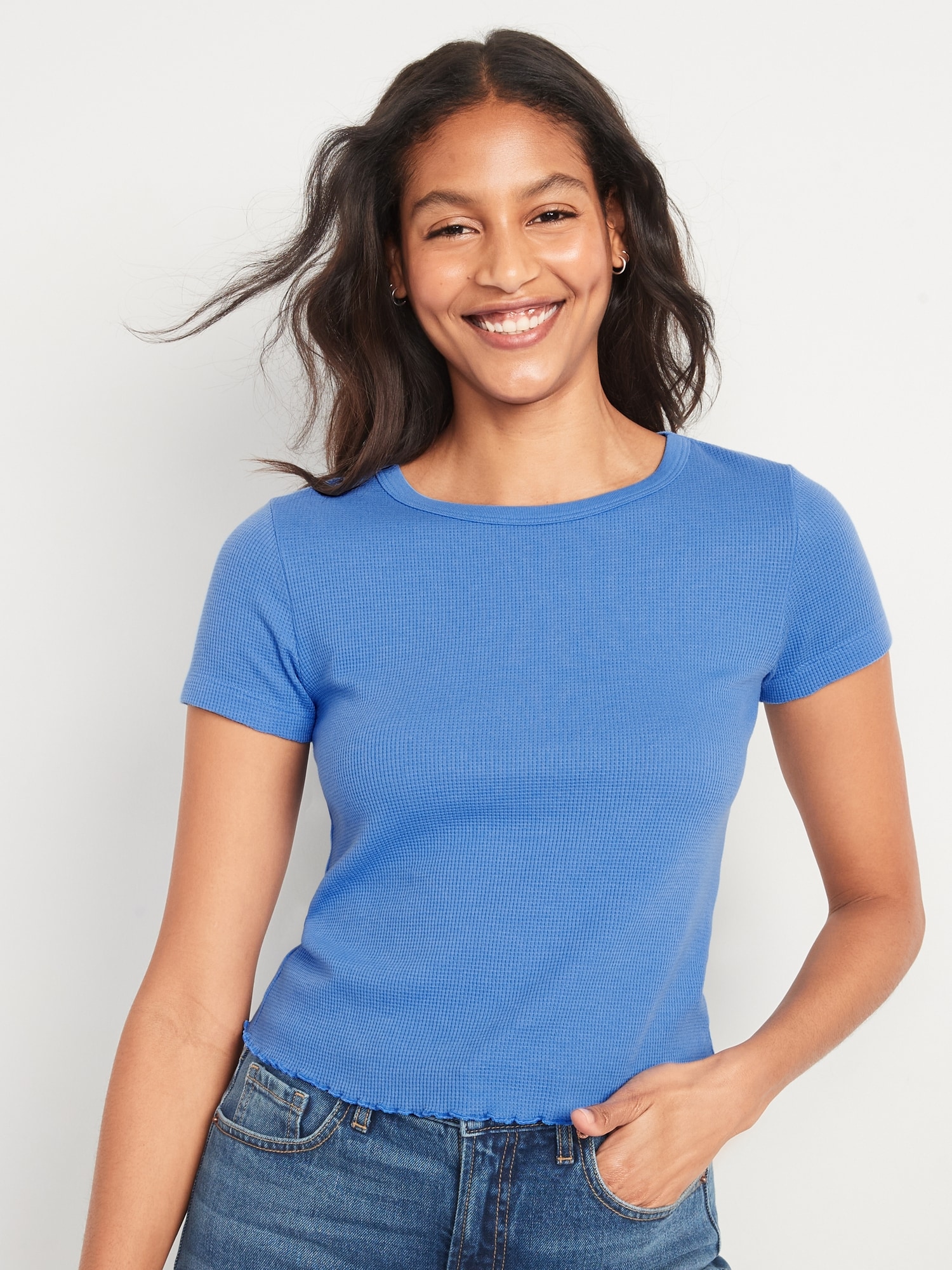 Short-Sleeve Cropped Lettuce-Edge Waffle-Knit T-Shirt for Women | Old Navy