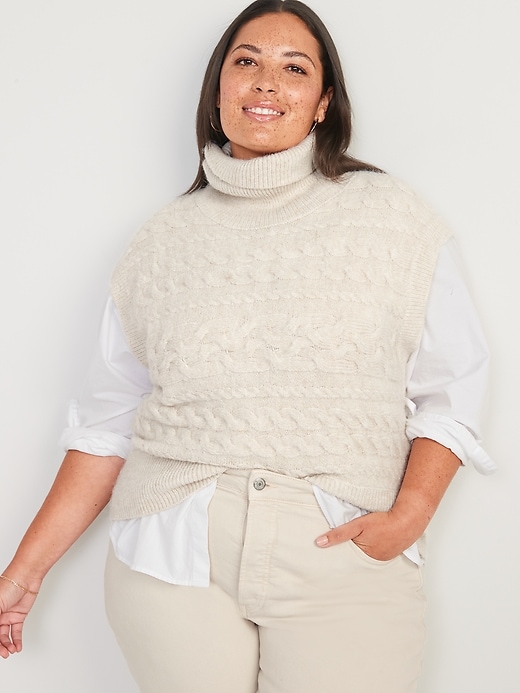 Image number 7 showing, Sleeveless Cropped Cozy Plush-Yarn Cable-Knit Turtleneck Sweater