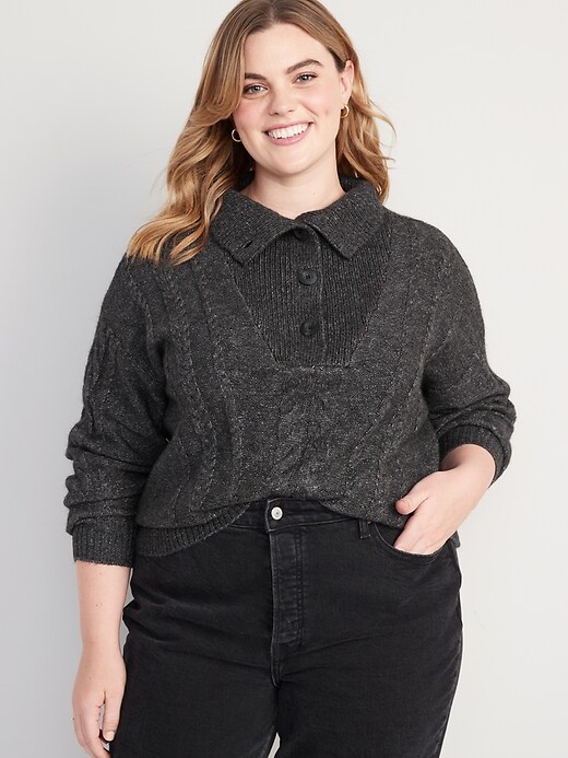 Image number 7 showing, Heathered Button-Front Cable-Knit Sweater for Women
