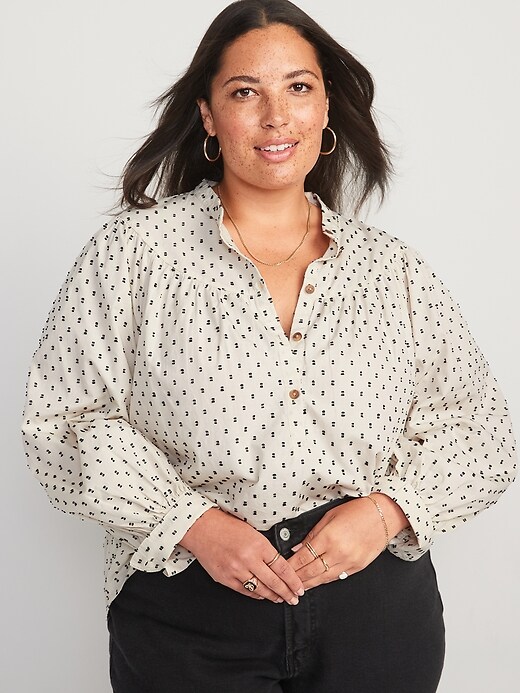 Image number 4 showing, Puff-Sleeve Clip-Dot Henley Swing Blouse
