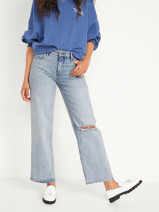 Image number 1 showing, Mid-Rise Ripped Wide-Leg Jeans for Women