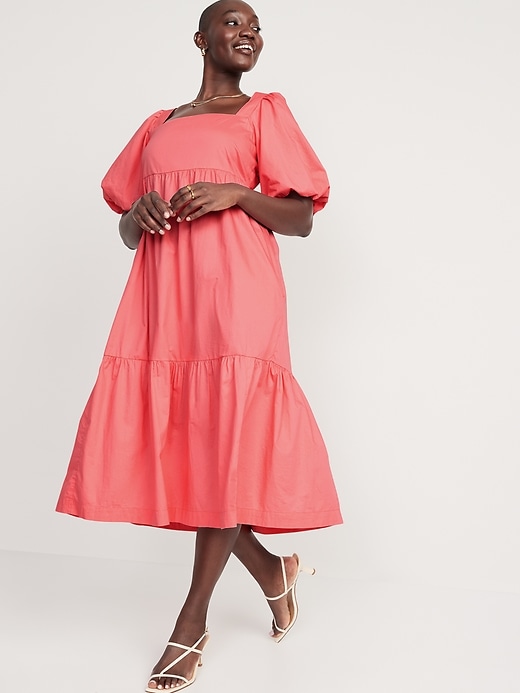 Image number 5 showing, Fit & Flare Puff-Sleeve Cotton-Poplin Smocked All-Day Midi Dress for Women