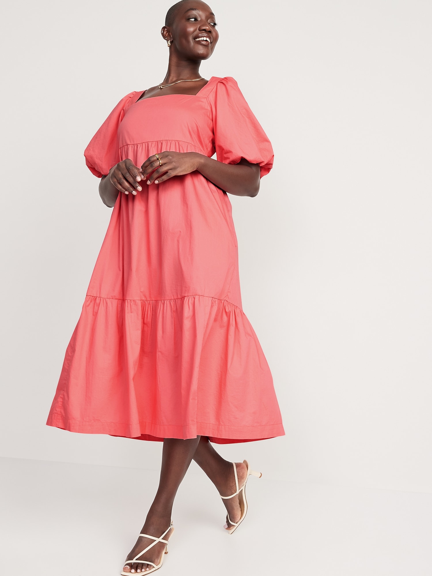 Fit & Flare Puff-Sleeve Cotton-Poplin Smocked All-Day Midi Dress
