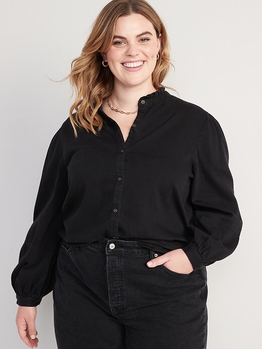 Image number 7 showing, Ruffle-Neck Jean Shirt for Women