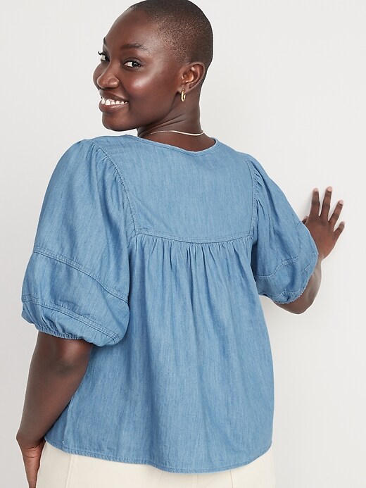 Oversized Chambray Puff-Sleeve Tie-Neck Top for Women | Old Navy