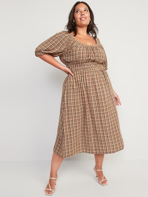 Image number 7 showing, Waist-Defined Puff-Sleeve Plaid Midi Dress for Women