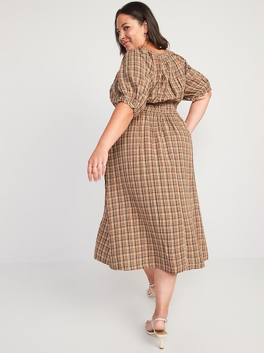 Image number 8 showing, Waist-Defined Puff-Sleeve Plaid Midi Dress for Women