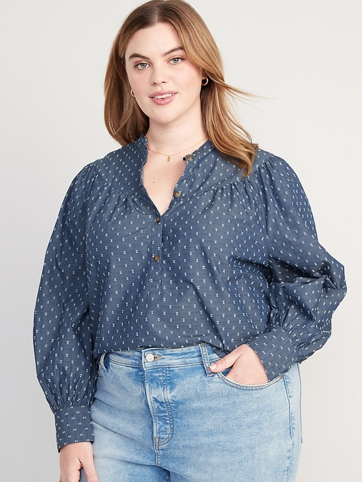 Image number 7 showing, Puff-Sleeve Clip-Dot Henley Swing Blouse for Women